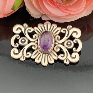 TAXCO Vintage AMETHYST Cabochon Brooch Pin Open-work Scroll Sterling Silver J500